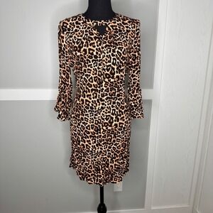 a.n.a Leopard Print Dress Women Size M Brown Keyhole Neck Ruffle Bell Sleeve